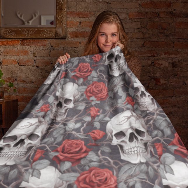 Watercolor Skulls and Roses Red Grey  Fleece Blanket (Creator Uploaded)