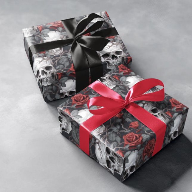 Watercolor Skulls and Roses Red Grey  Wrapping Paper (Creator Uploaded)