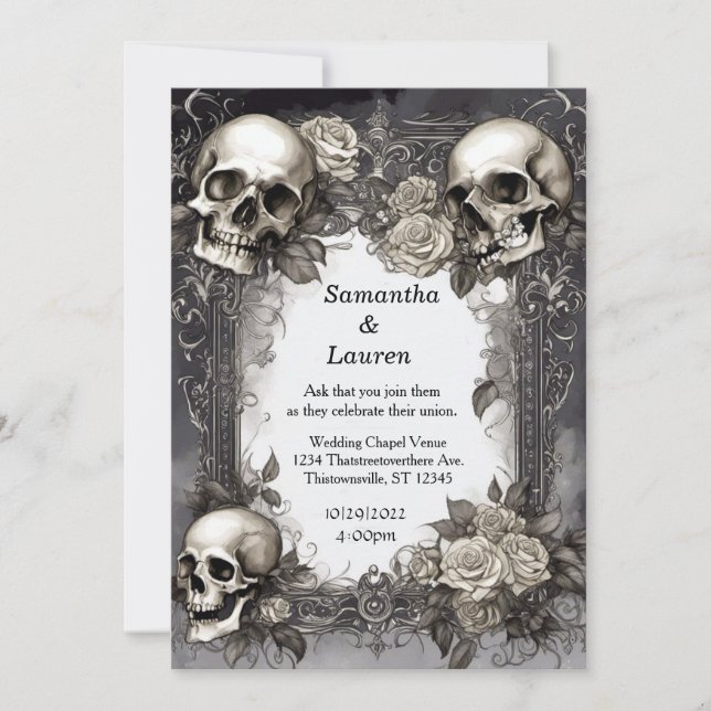 Watercolor Skulls Framed Goth Wedding Invitation (Front)
