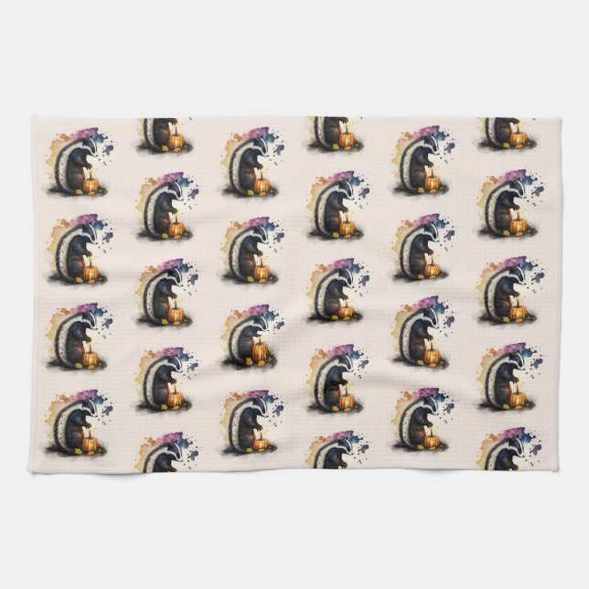 Watercolor Skunk Halloween Tea Towel (Horizontal)