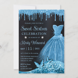 Watercolor Sky Blue Glitter Dress Sweet Sixteen Invitation