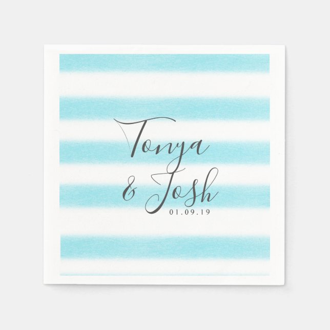 Watercolor Sky Blue Stripes Beach Inspired Wedding Napkin (Front)