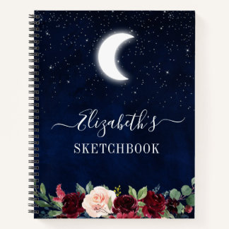 Watercolor Sky Moon Stars Floral Sketchbook Notebook
