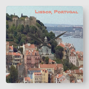 Watercolor Skyline of Lisbon Square Wall Clock