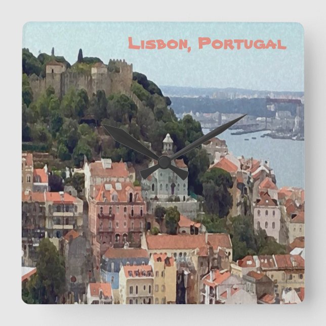 Watercolor Skyline of Lisbon Square Wall Clock (Front)