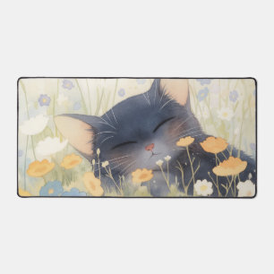 Watercolor Sleeping Black Cat Pastel Wildflower Desk Mat