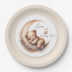 Watercolor Sleeping Brown Bear on the Moon Paper Plate