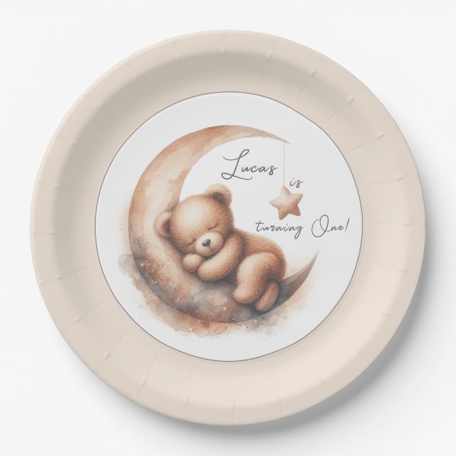 Watercolor Sleeping Brown Bear on the Moon Paper Plate (Front)