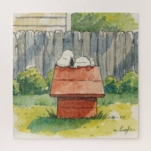 Watercolor Sleeping Dog on Red Doghouse Art Jigsaw Puzzle