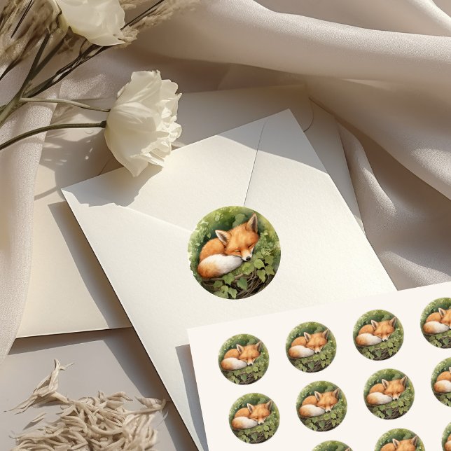 Watercolor Sleeping Fox Greenery Baby Shower Classic Round Sticker (Creator Uploaded)