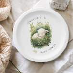 Watercolor Sleeping Lamb Greenery Baby Shower Paper Plate<br><div class="desc">Celebrate the upcoming arrival of your little one in charming style with these adorable baby shower paper plates. Featuring a watercolor artwork of a shy, sleepy baby lamb surrounded by lush greenery, these plates are perfect for serving appetizers, finger foods, or desserts. Made from high-quality paper for durability, these plates...</div>