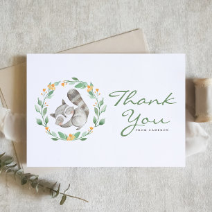 Watercolor Sleeping Racoon Wreath Baby Shower Thank You Card