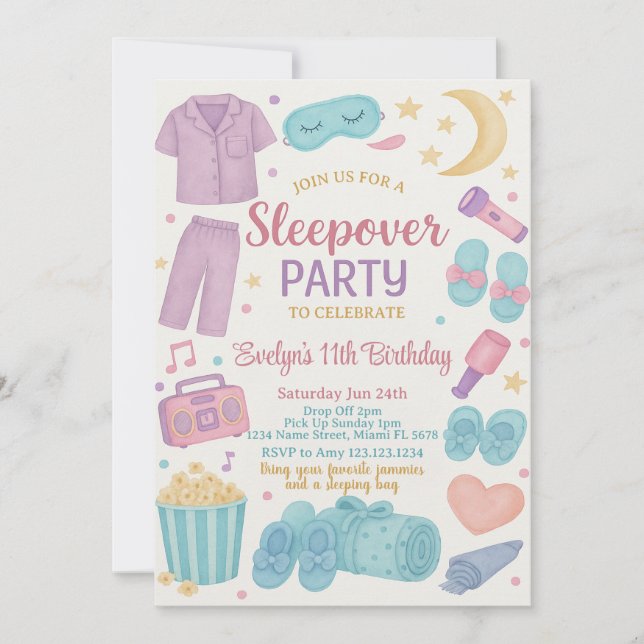 Watercolor Sleepover Birthday Invitation for Girls (Front)