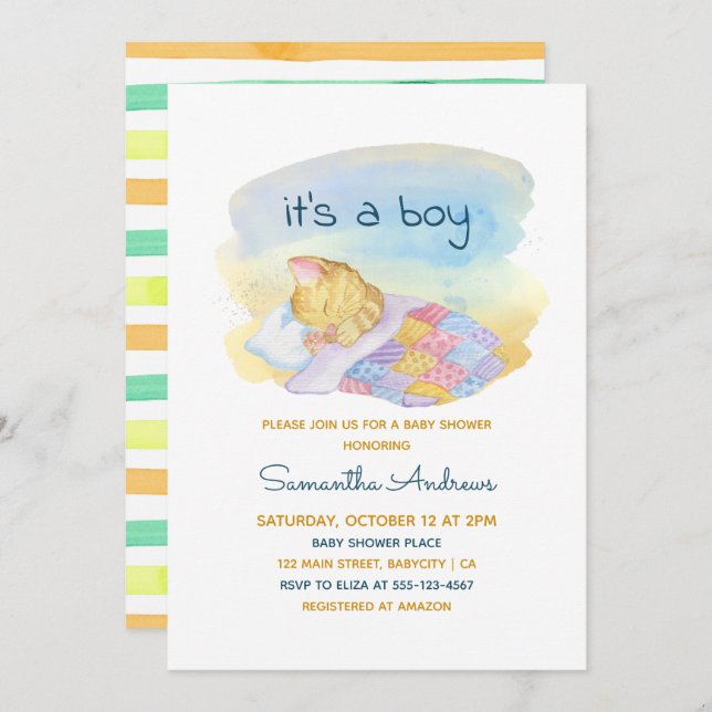 Watercolor Sleepy Kitten It's a Boy Baby Shower Invitation (Front/Back)