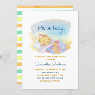 Watercolor Sleepy Kitten It's a Boy Baby Shower Invitation