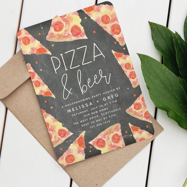Watercolor Slice | Pizza & Beer Housewarming Party Invitation (Creator Uploaded)