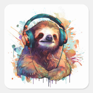 Watercolor Sloth Lost in the Rhythm  Square Sticker