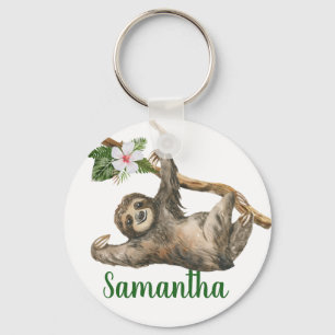 Watercolor Sloth Monogram name Gift Key Ring