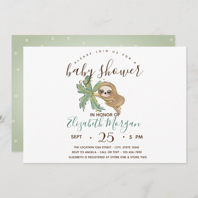 Watercolor  Sloth Polka Dots Baby Shower  Invitation (Front/Back)
