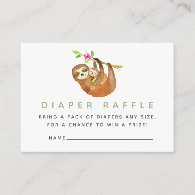 Watercolor Sloth themed Baby Shower Diaper Raffle Enclosure Card (Front)