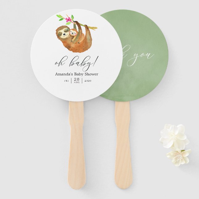 Watercolor Sloth themed Baby Shower Hand Fan (Front and Back)
