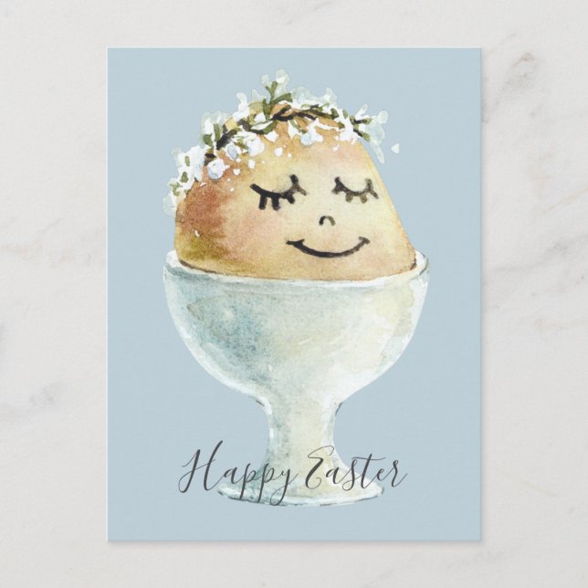 Watercolor Smiling Egg in Cup Easter Postcard (Front)