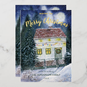 Watercolor Snow Covered Festive Cottage