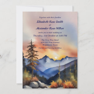 Watercolor snow covered mountains wedding invitation