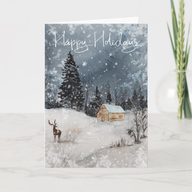 Watercolor Snow Landscape Cabin Happy Holidays Card (Front)