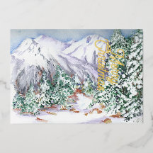 Watercolor Snow mountain landscape with pine trees