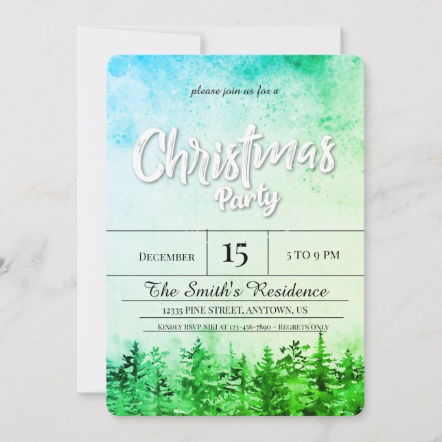Watercolor Snow Pine Forest Christmas Invitation (Front)