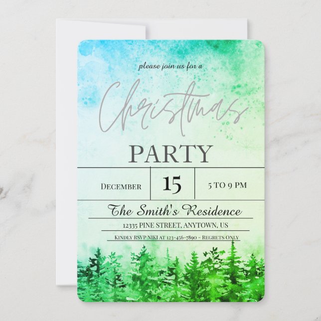 Watercolor Snow Pine Forest Christmas Invitation (Front)