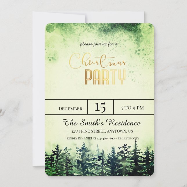Watercolor Snow Pine Forest Invitation (Front)