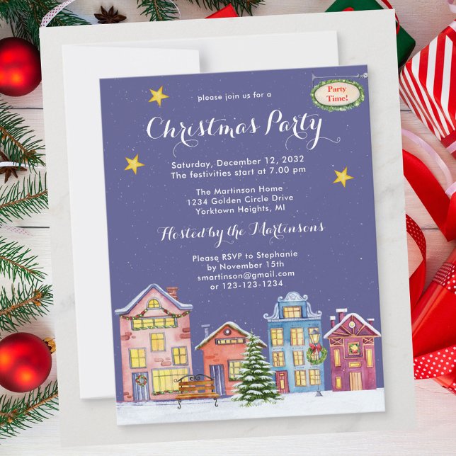 Watercolor Snow Village Christmas Party Invitation (Creator Uploaded)