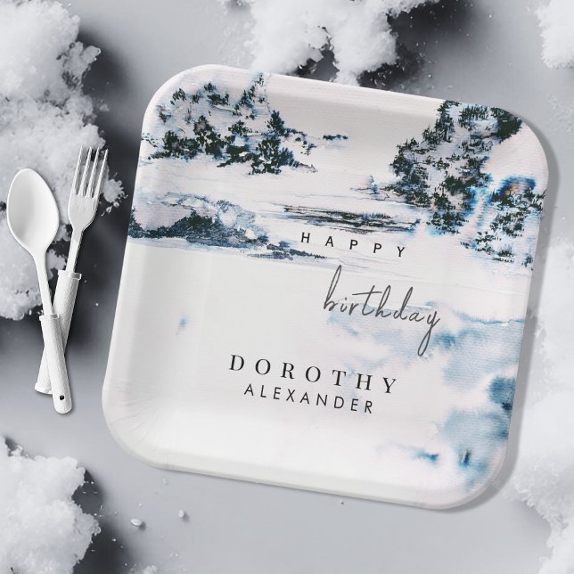 Watercolor Snow Winter Mountains Elegant Birthday Paper Plate (Creator Uploaded)
