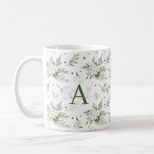 Watercolor Snowberry White Cedar Branch Christmas Coffee Mug (Left)