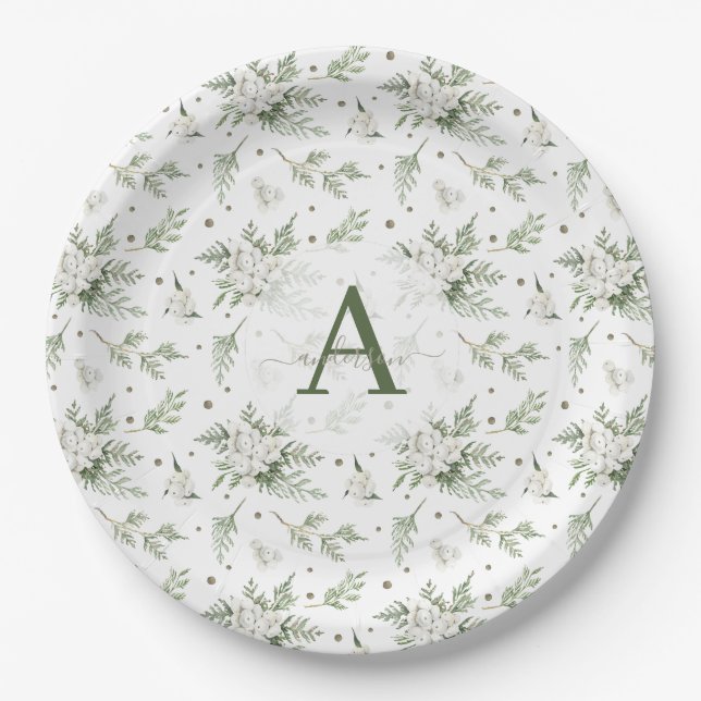 Watercolor Snowberry White Cedar Branch Christmas Paper Plate (Front)