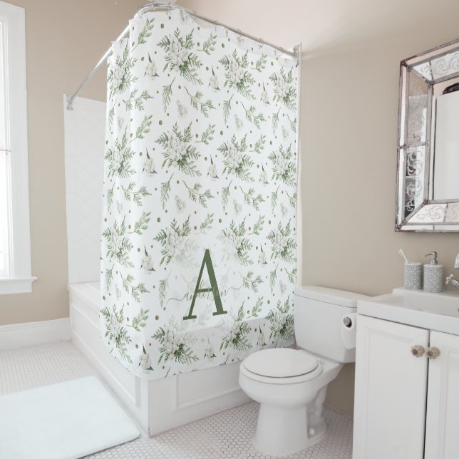 Watercolor Snowberry White Cedar Branch Christmas Shower Curtain (In Situ)