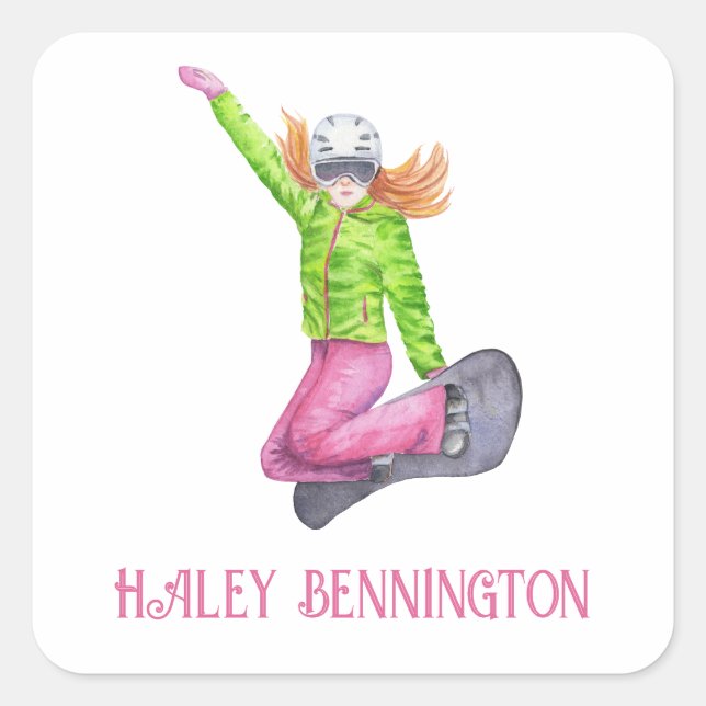 Watercolor Snowboarding Personalised Square Sticker (Front)