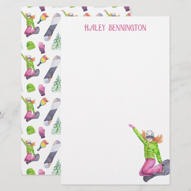 Watercolor Snowboarding Personalised Stationery (Front/Back)