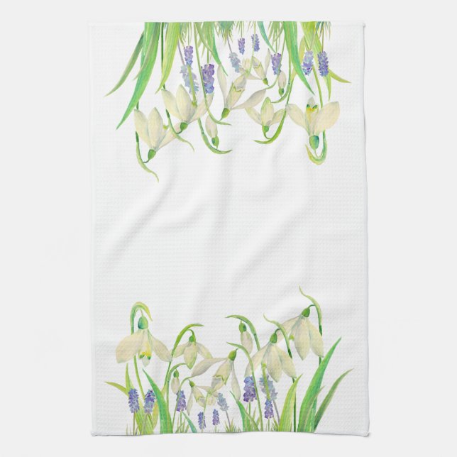Watercolor Snowdrops and Muscari Tea Towel (Vertical)