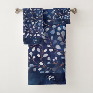 Watercolor Snowdrops Pattern Navy/Copper ID726 Bath Towel Set