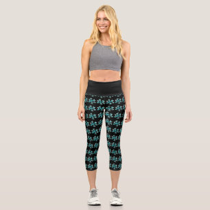 Watercolor Snowflake Blue  Black Winter   Capri Leggings