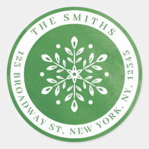 Watercolor Snowflake Green Holiday Return Address Classic Round Sticker