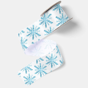 Watercolor Snowflake White and Blue Satin Ribbon