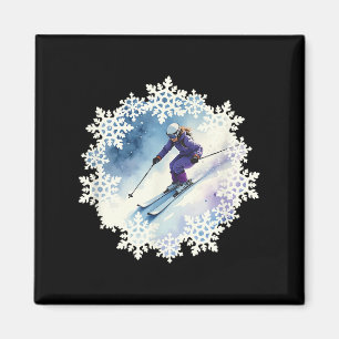 Watercolor Snowflakes And Skier Magnet
