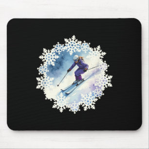 Watercolor Snowflakes And Skier Mouse Pad