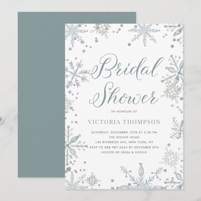Watercolor Snowflakes Glitter Winter Bridal Shower Invitation (Front/Back)