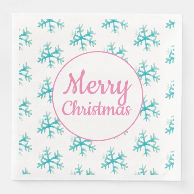 Watercolor Snowflakes Merry Christmas Napkins Pink (Front)