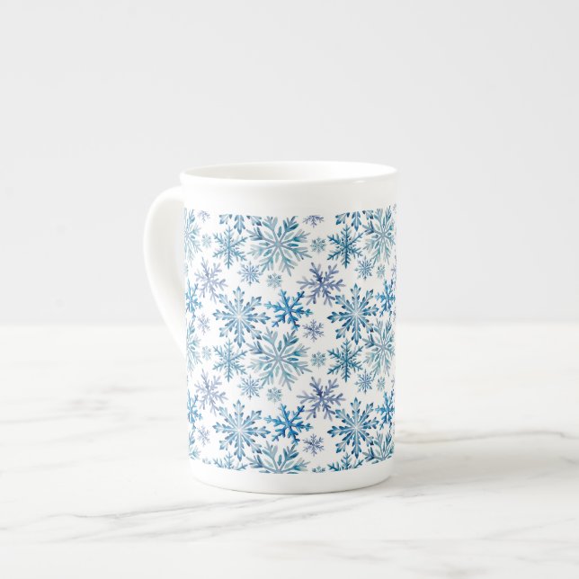 Watercolor Snowflakes Pattern Bone China Mug (Front Left)